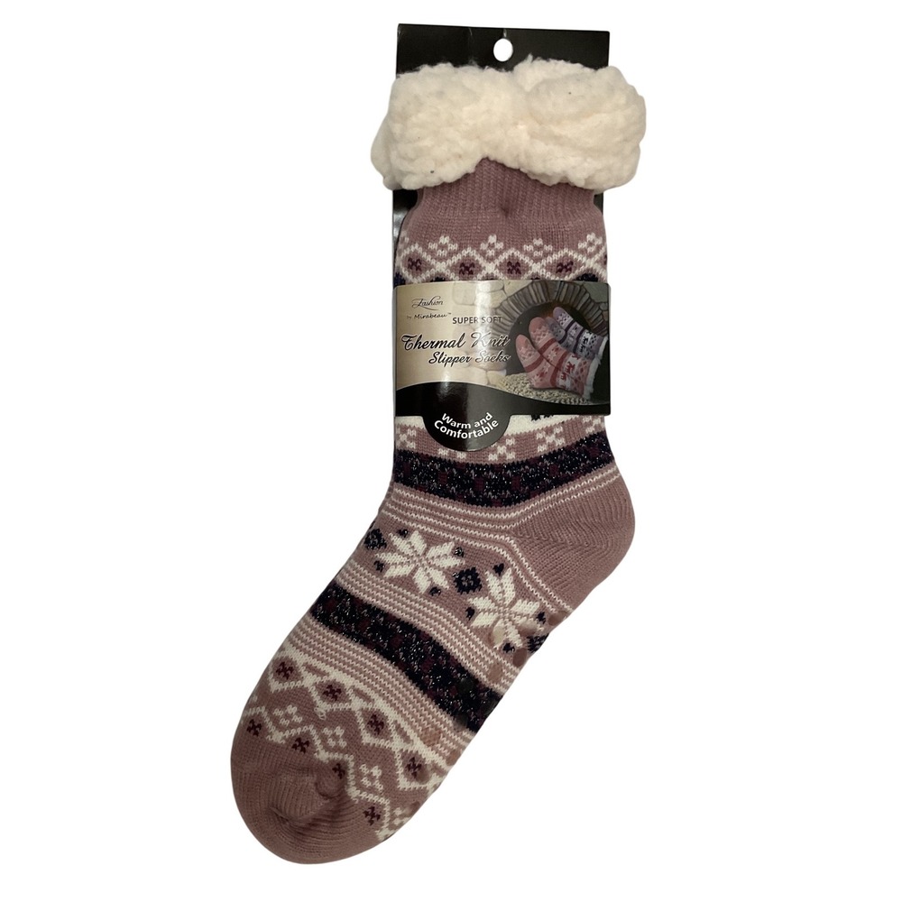 Fashion by Mirabeau Thermal Knit Slipper Socks Mauve Snowflake Sparkle 4.7 TOG